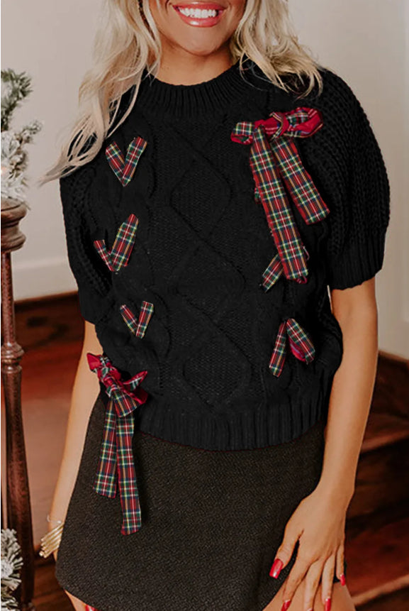 Fiery Red Plaid Lace Up Detail Christmas Holiday Puff Short Sleeve Sweater