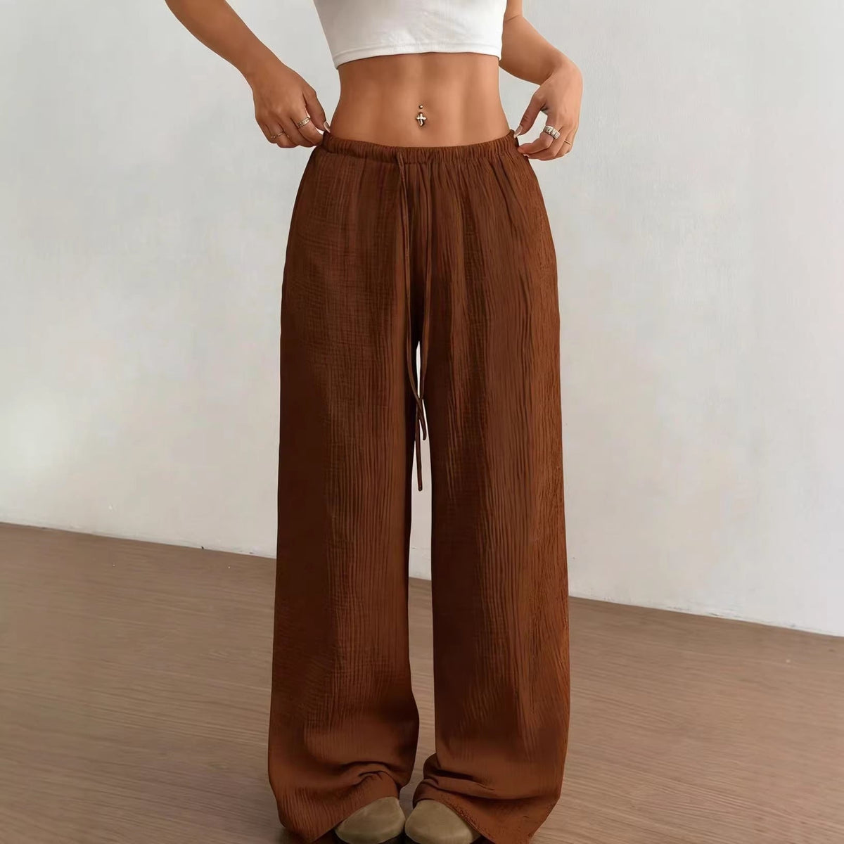 Women's Solid Color Loose Wrinkle Waist Drawstring Wide Leg Casual Trousers