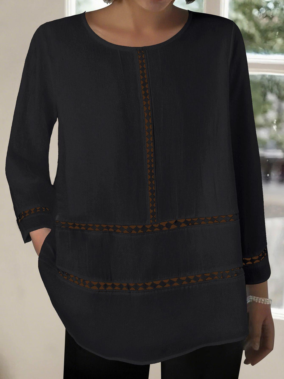 Versatile Women's Round-neck Semi-sheer Hollow-out Long-sleeve Shirt