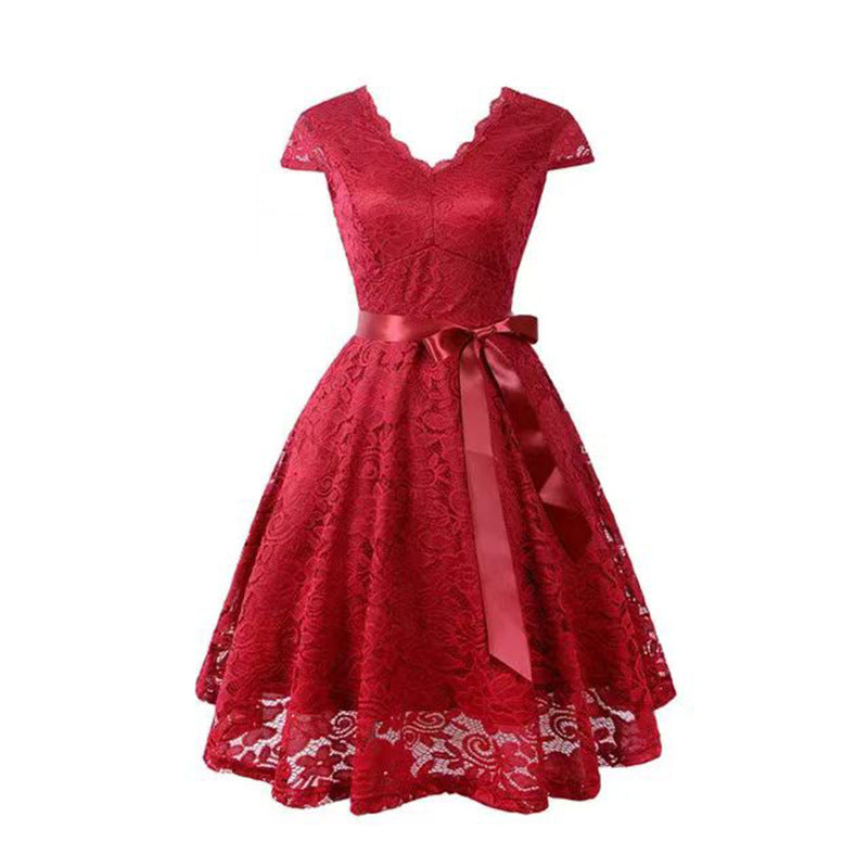 V-neck Patchwork Lace-up Wide Hem Lace Dress