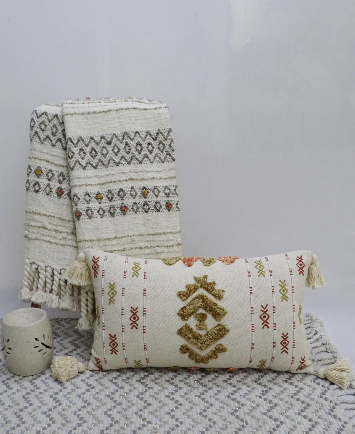 Embroidery Throw Pillow with Tassels 14" X 24"