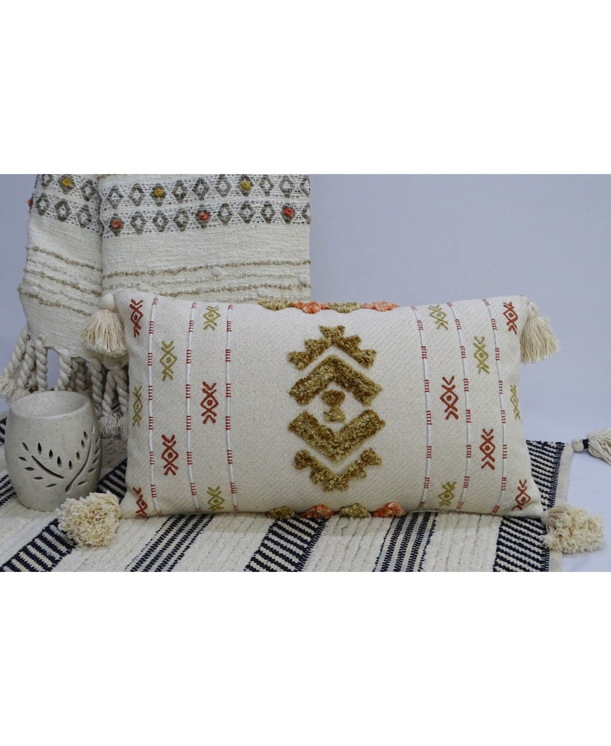 Embroidery Throw Pillow with Tassels 14" X 24"
