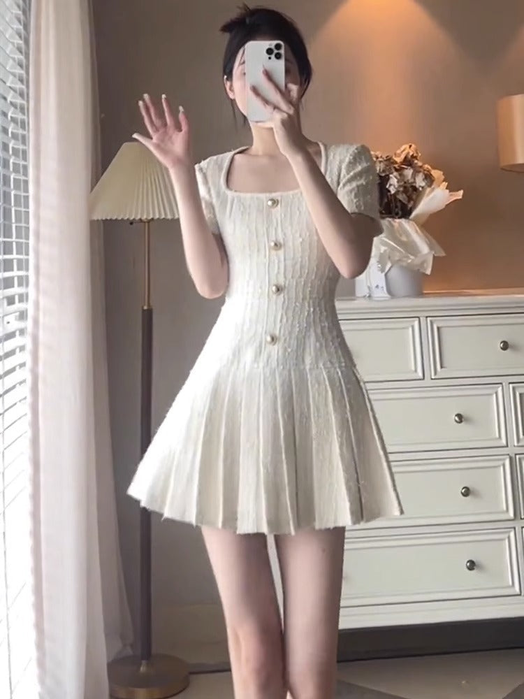 Temperament Slim White Square Neck Dress