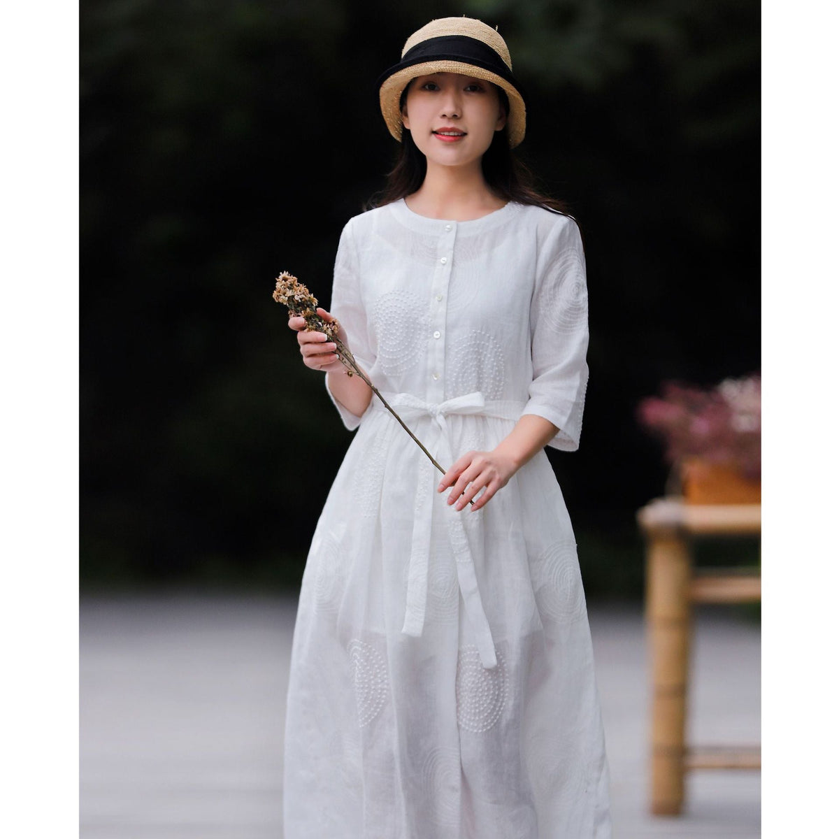 Spring And Summer Literary Leisure Round Neck Linen Embroidered Dress Women