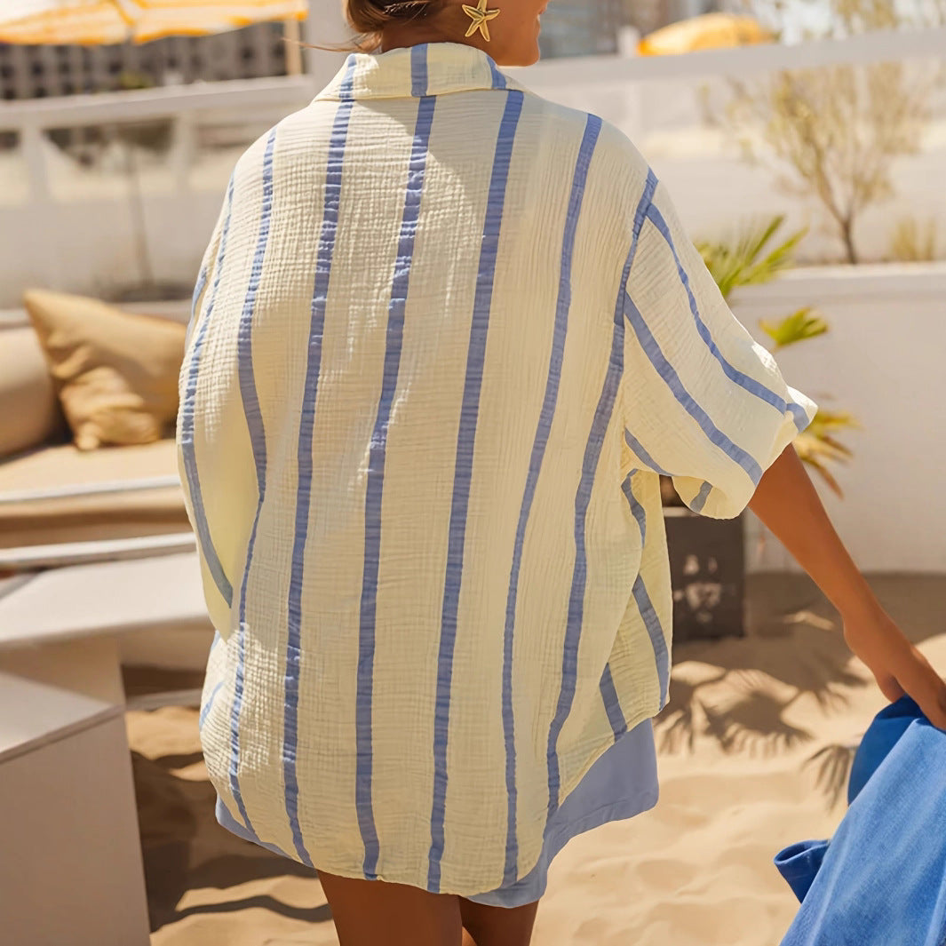 Women's Casual Loose-fitting Blue Vertical-striped Shirt