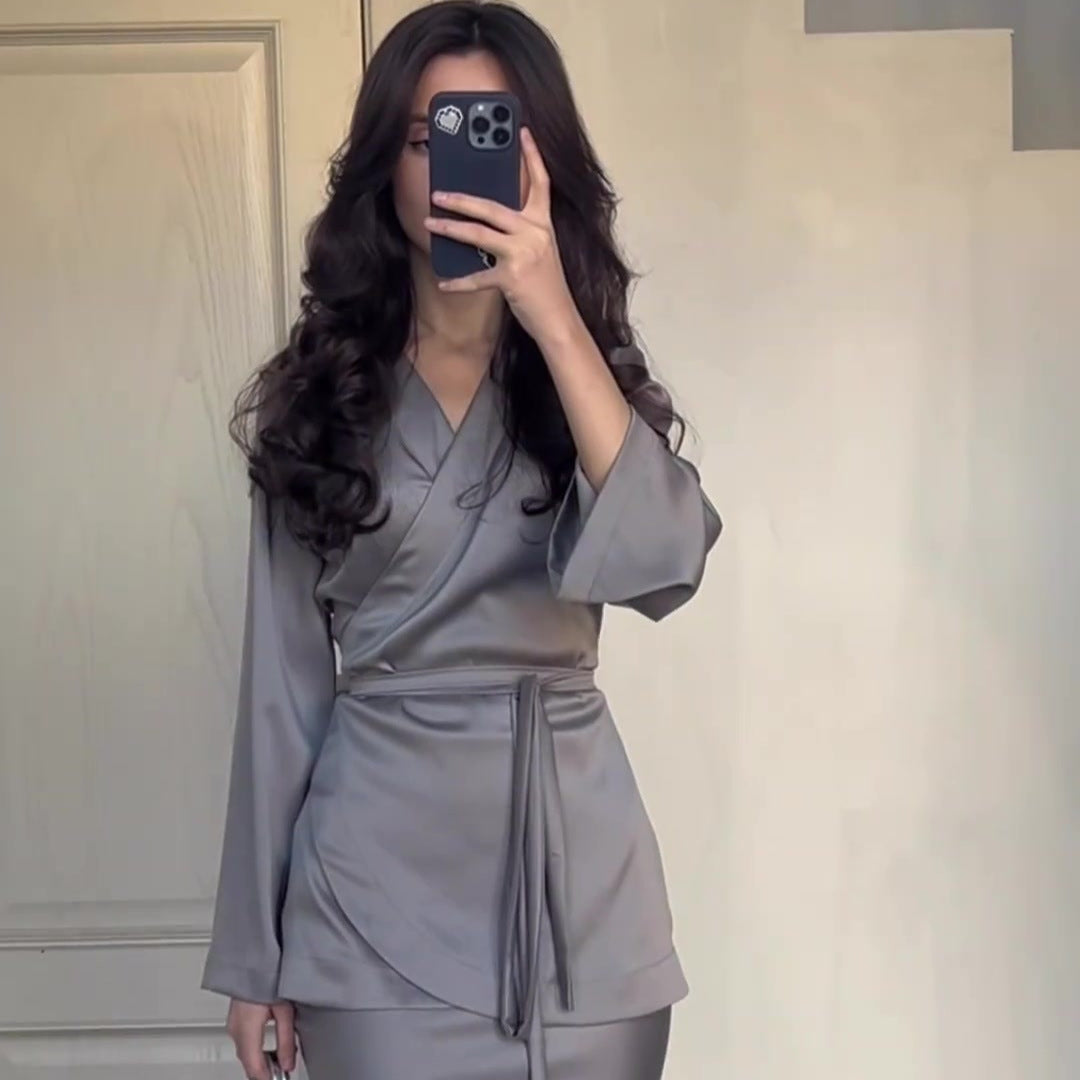 Fashion Satin Patchwork Long Dress Suit Women
