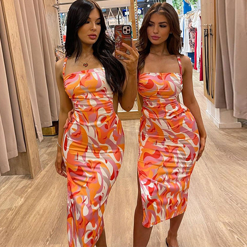 Summer New Fashion Printed Backless Strap Slim Dress