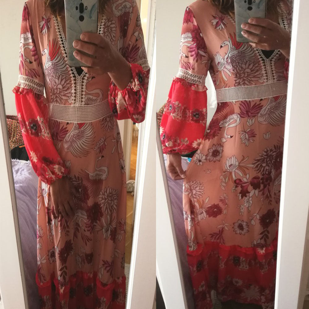 Printed V-neck patchwork puff sleeve dress