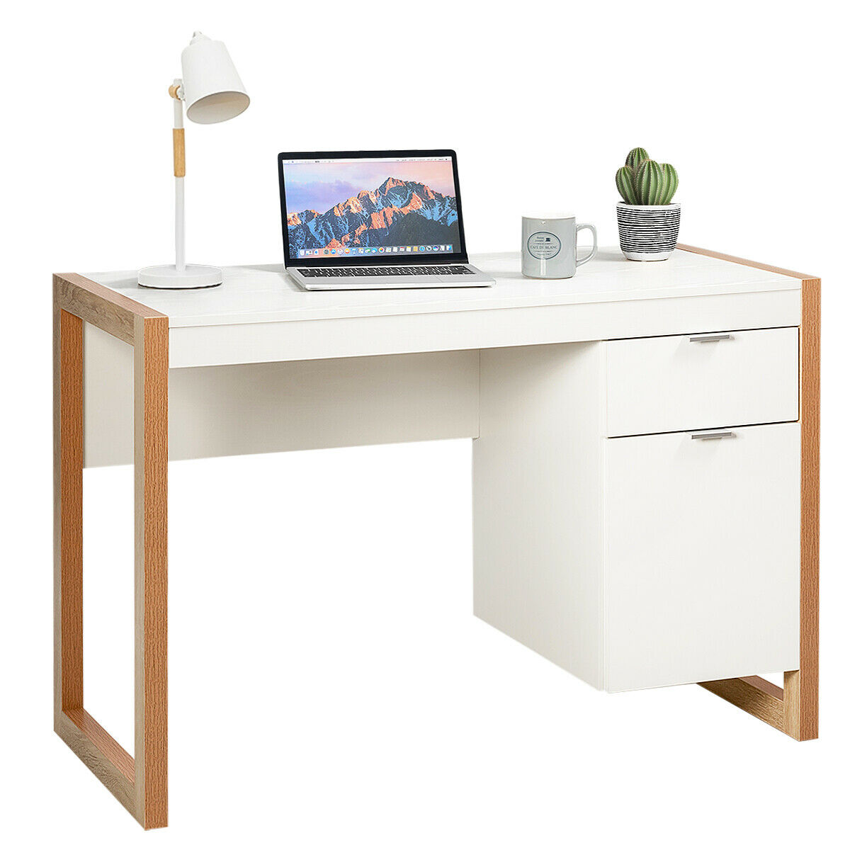 Wooden Computer Desk with Drawer and Cabinet-Black