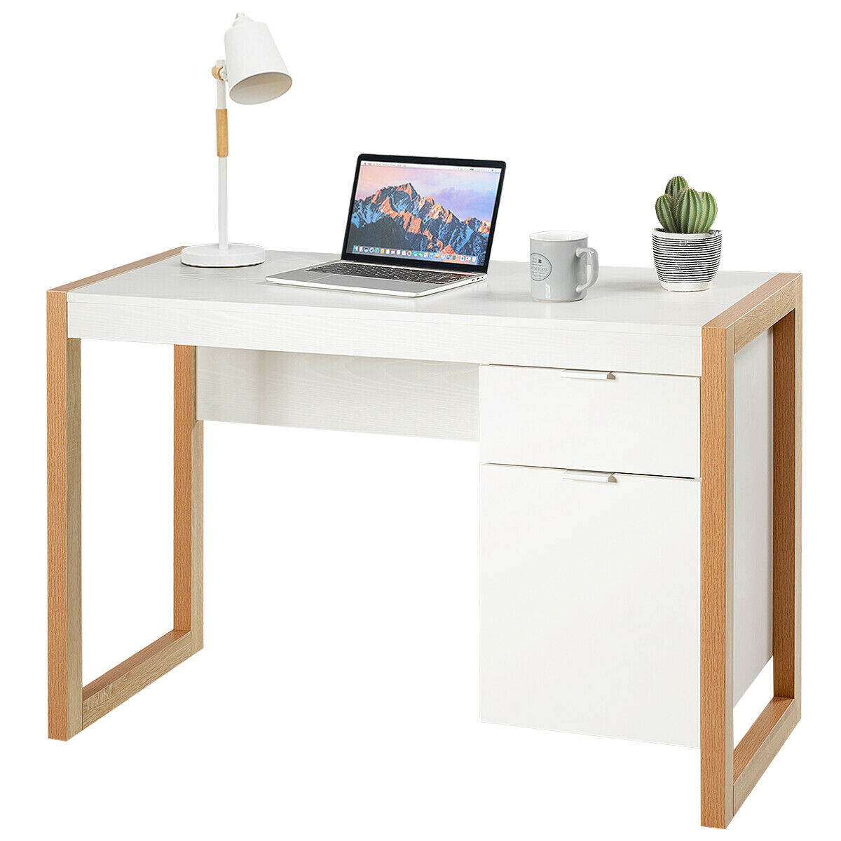 Wooden Computer Desk with Drawer and Cabinet-Black