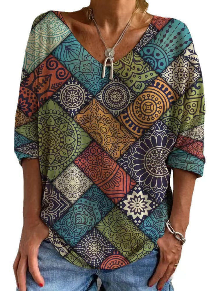 Womens Loose-fitting Geometric-print V-neck Long-sleeve Top