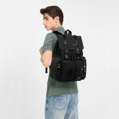 E1672 - Kono Large Multi Function Leather Details Canvas Backpack - Black