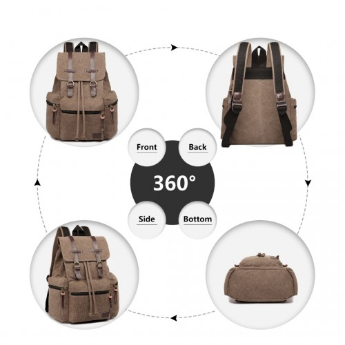 E1672 - Kono Large Multi Function Leather Details Canvas Backpack - Coffee