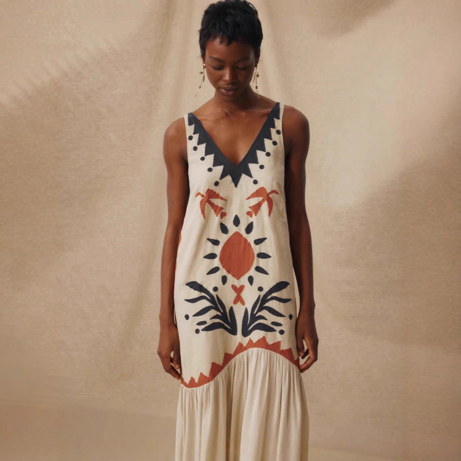 Ethnic Style Sun Totem Printed V-neck Sling Dress