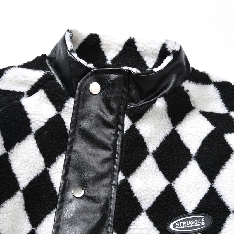 Street Black And White Plaid Leather Patchwork Lamb Wool Coat
