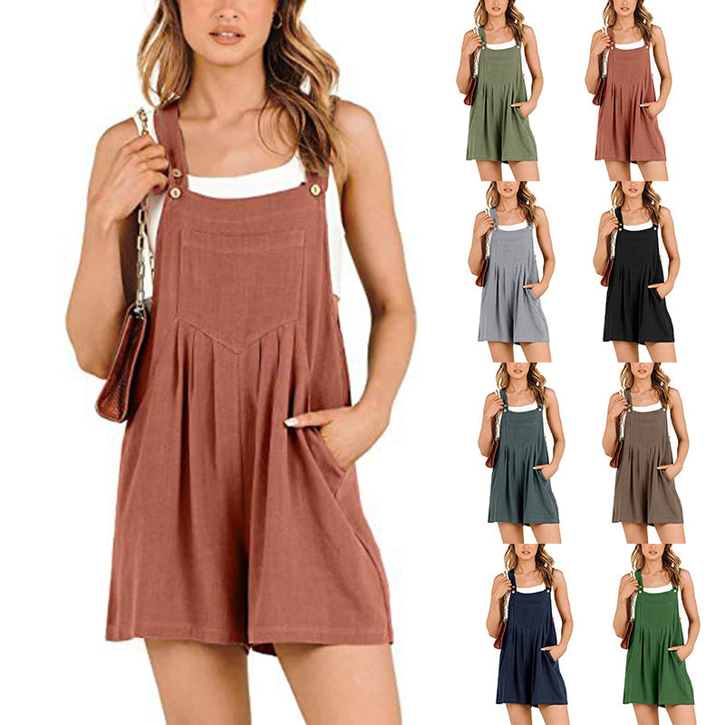 Women's Cotton Linen Short Overalls | Adjustable Strap Summer Jumpsuit