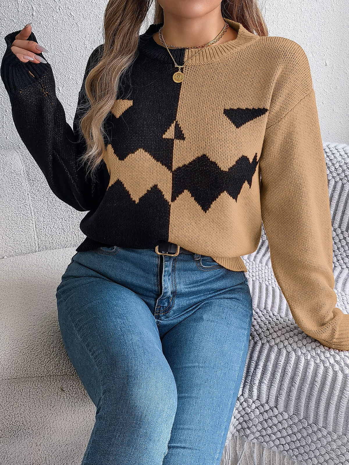 Women Ghost Pumpkin Color Block Long Sleeve Pullover Sweater