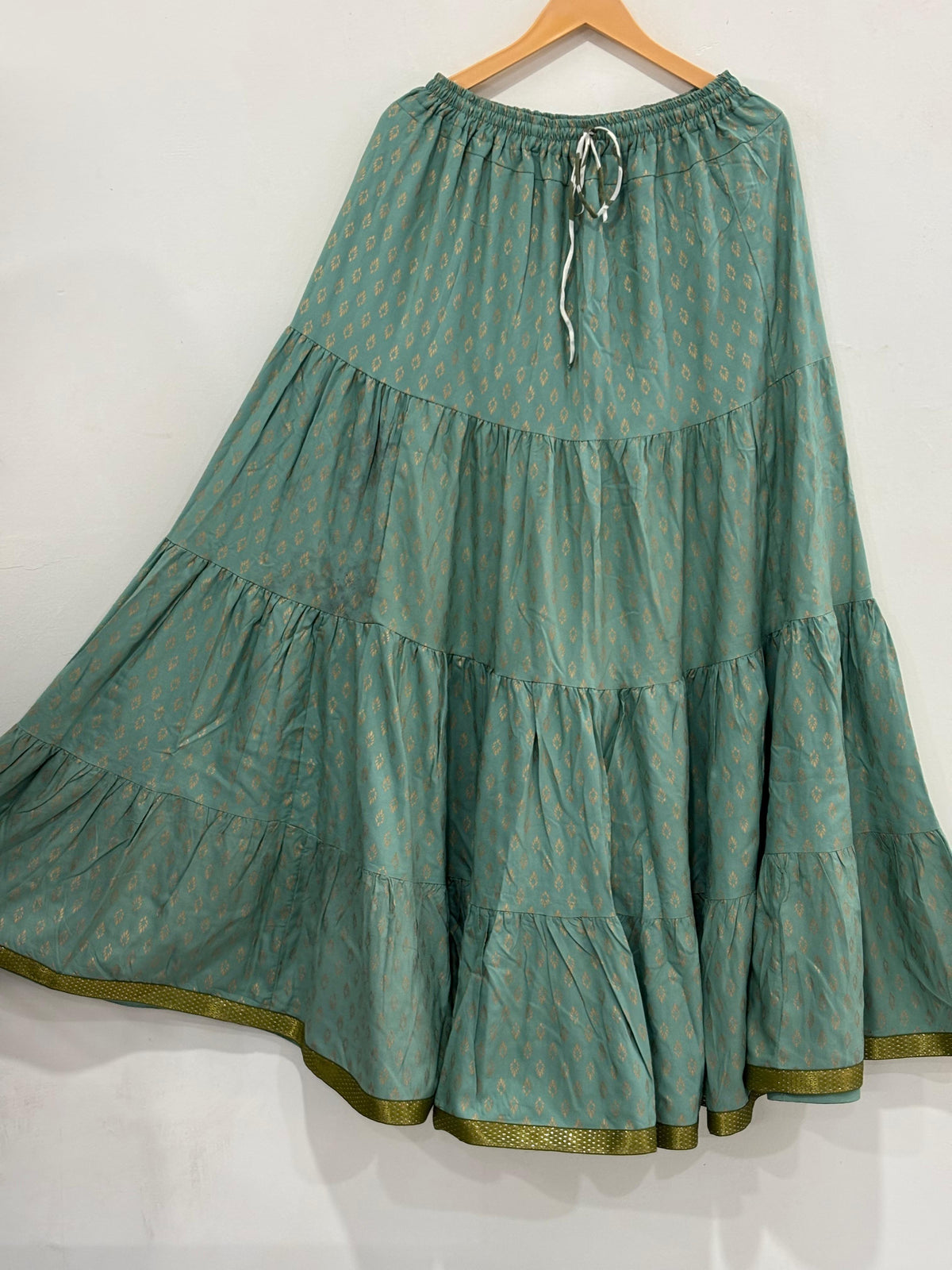 Blackfever Women's Sage Green Maxi Skirt - 100% Cotton with Gold Print