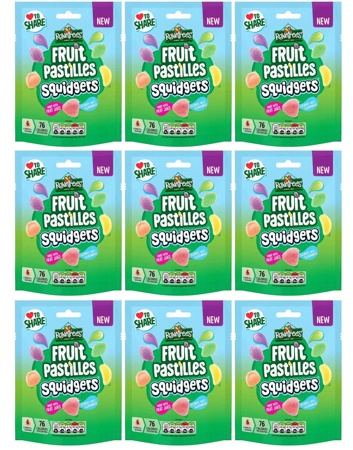 9 x Rowntrees Fruit Pastilles Squidgers Pouches 120g
