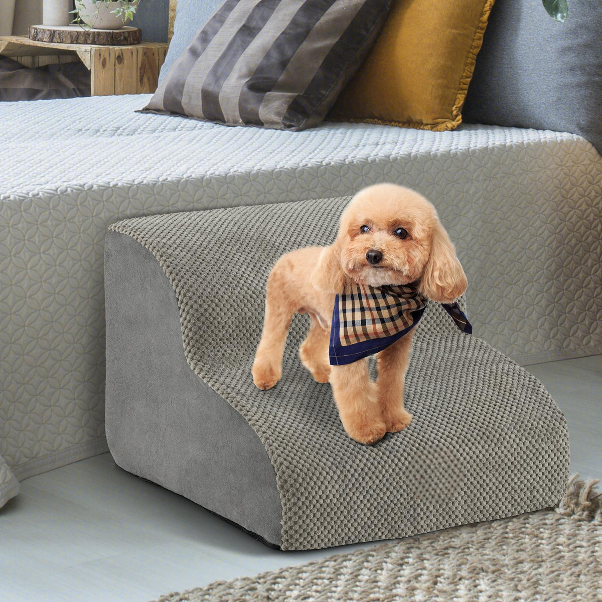 2-Tier Dog Ramp Pet Stairs with Washable Cover and High-Density Foam-Grey