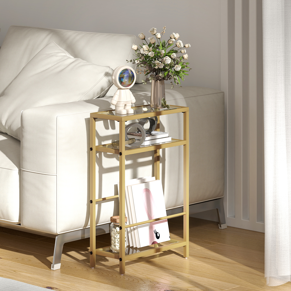 HOMCOM Slim Side Table, End Table with Tempered Glass Tabletop, Gold
