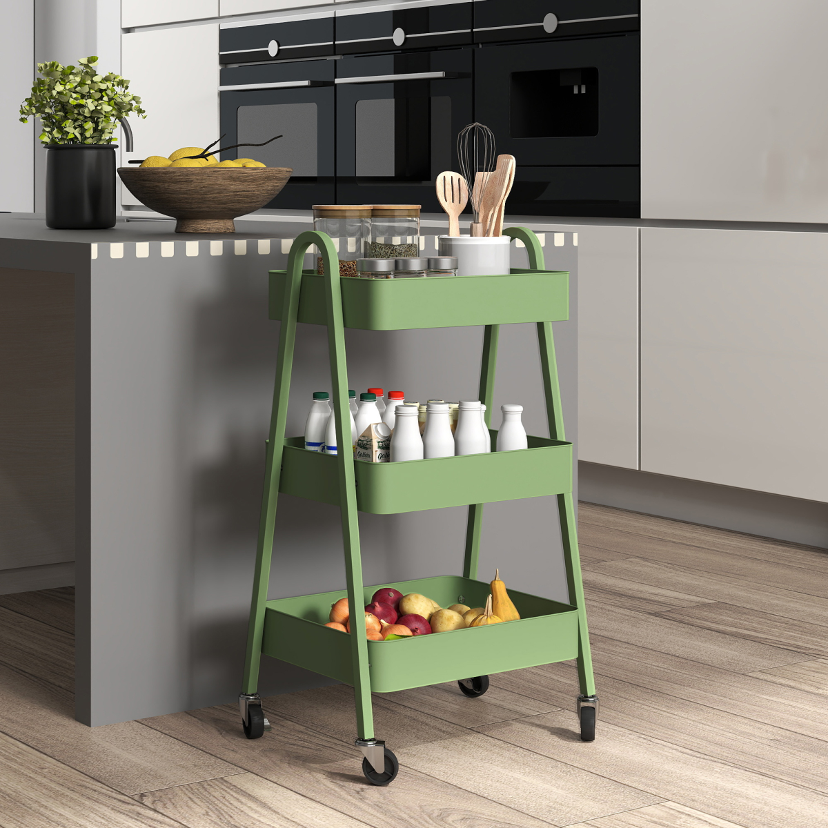 HOMCOM 3-Tier Rolling Utility Cart Kitchen Storage Trolley on Wheels Green