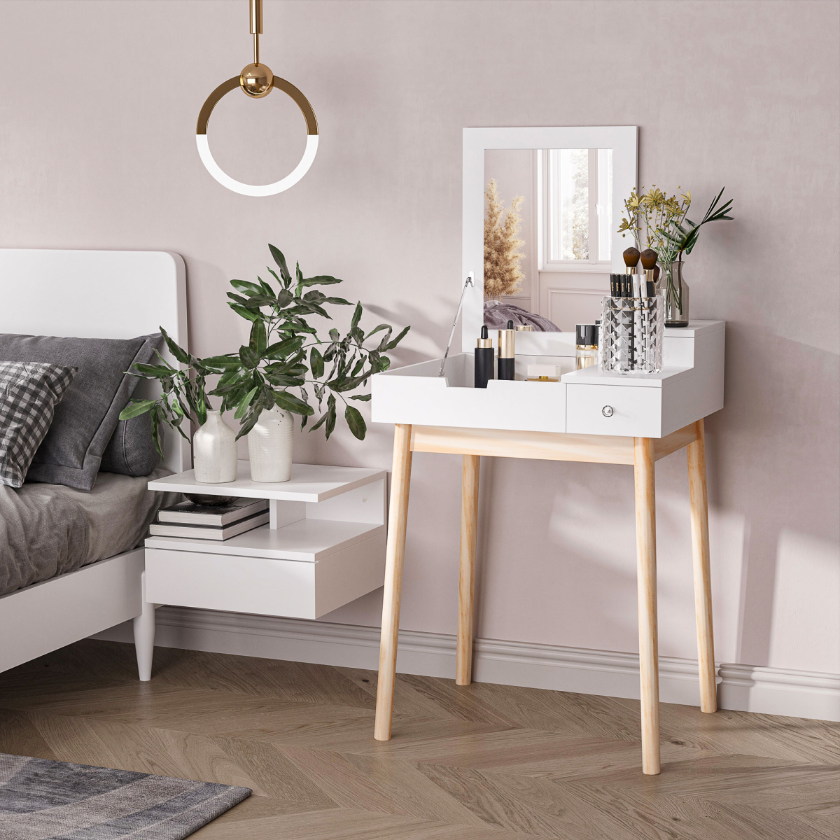 Dressing Table Desk Flip-up Mirror 2 Drawers Bedroom Makeup White HOMCOM