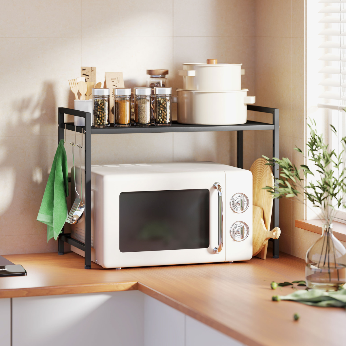 HOMCOM 2-Tier Expandable Microwave Oven Rack with 3 Hooks, Black