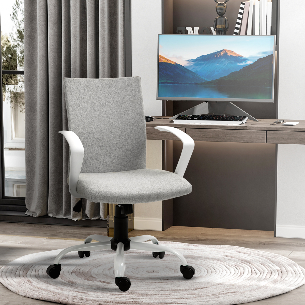Office Chair Linen Swivel Computer Desk Chair Home Study Task Chair, Light Grey