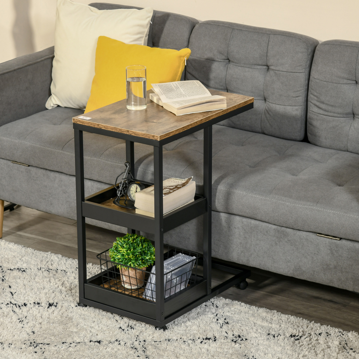 C-Shaped Mobile Couch Bed Side Table w/ 3-tier Storage Shelf - Brown HOMCOM