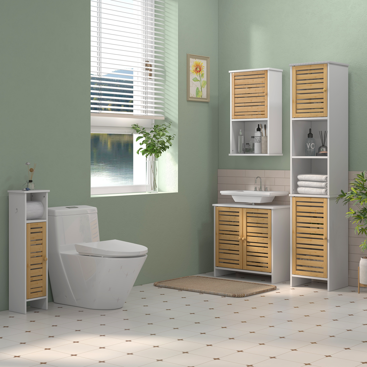 HOMCOM Bathroom Cabinet, Slim Bathroom Unit with Adjustable Shelf, White