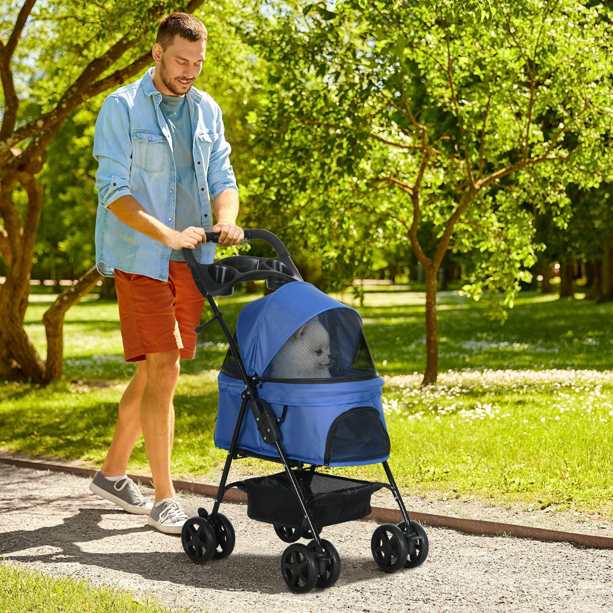 Pet Stroller  Foldable Travel Carriage with Brake Basket Adjustable Canopy