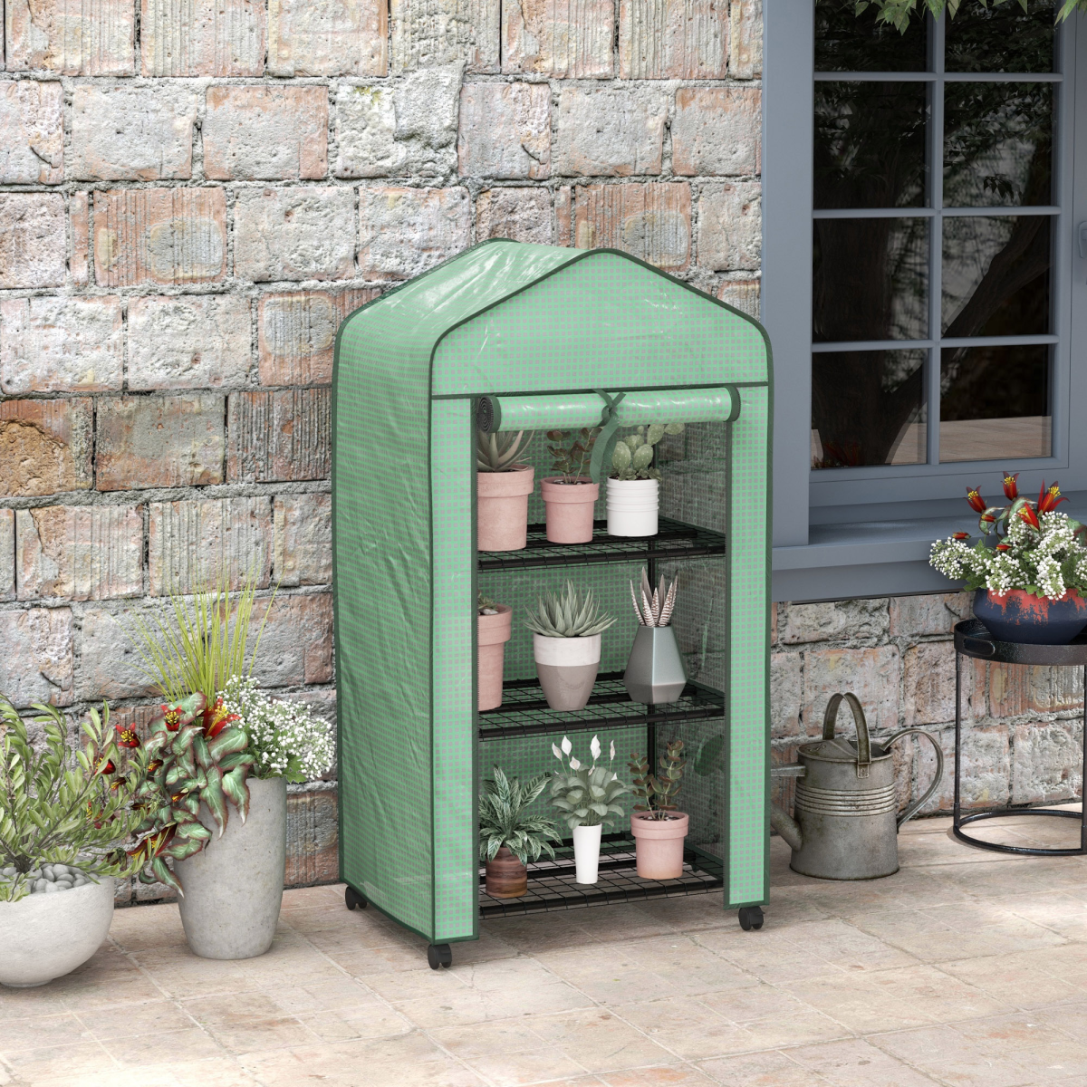 Outsunny Portable Mini Greenhouse with Roll-up Door and Wheels, Green