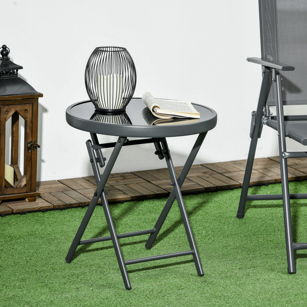Outsunny Round Folding Side Table w/ Imitation Marble Glass Top, Black