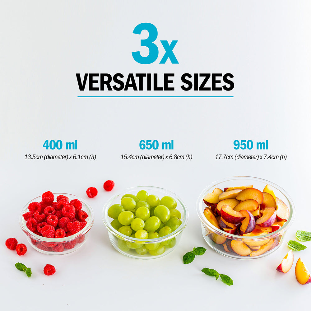 Glass Stackable Round Food Storage Containers – 3 Pack (400ml, 650ml & 950ml)..