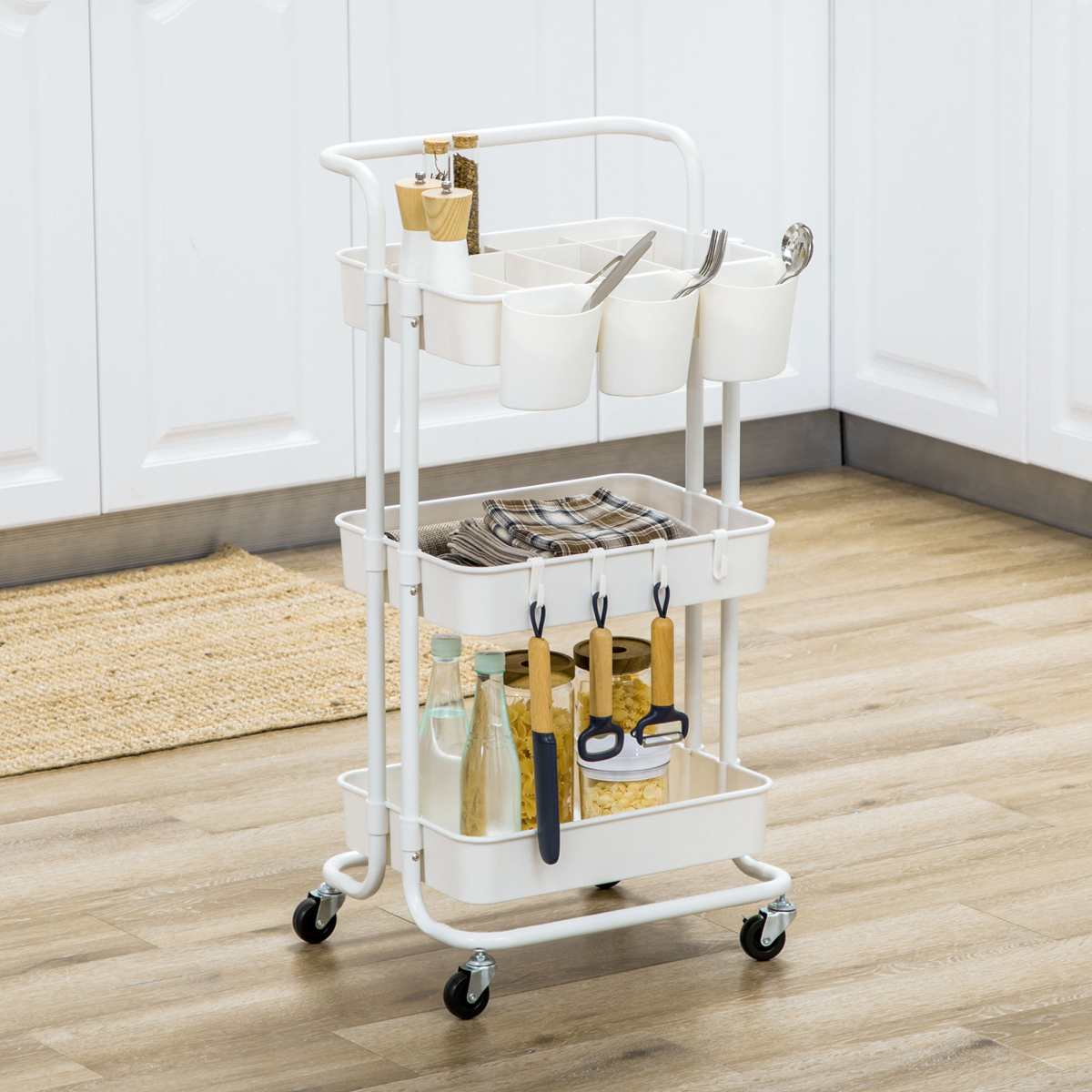 HOMCOM 3-Tier Utility Cart, Rolling Serving Trolley with Baskets and Hooks