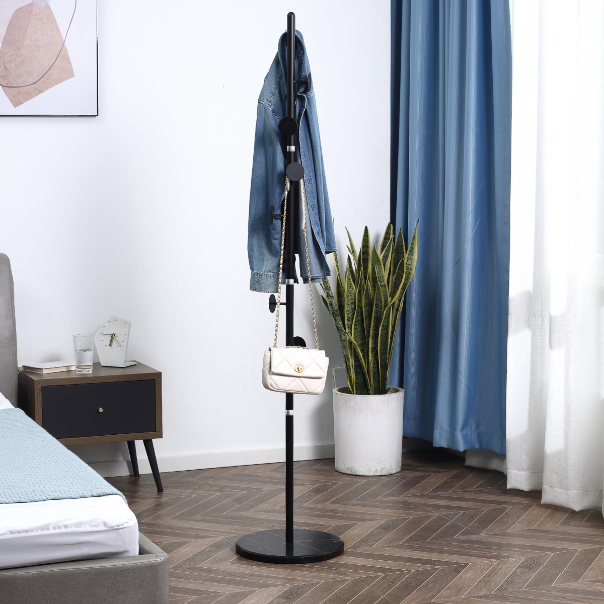 Steel Coat Stand Rack Marble Base 8 Hook for Living Room Entryway,Black