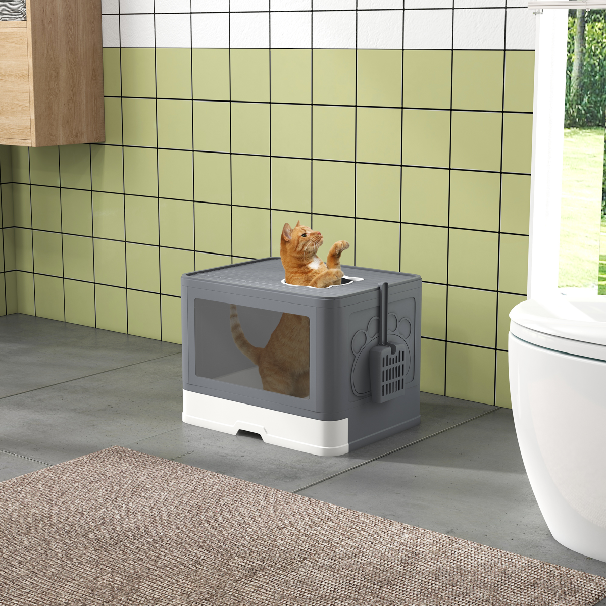 PawHut Cat Litter Tray Enclosed with Lid, Front Entry Top Exit, Scoop, Brush