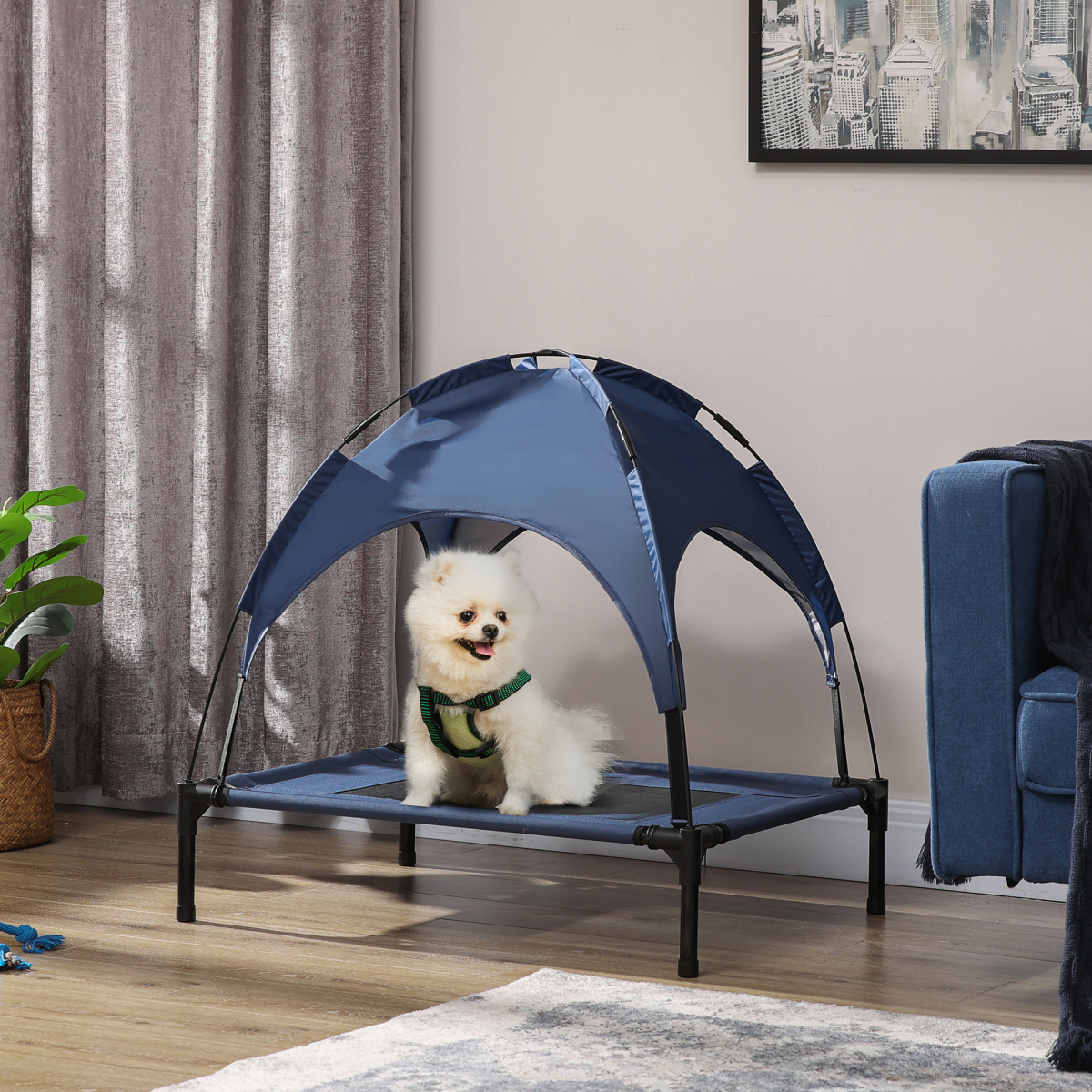 PawHut 76cm Elevated Dog Bed Cooling Raised Pet Cot UV Protection Canopy Blue