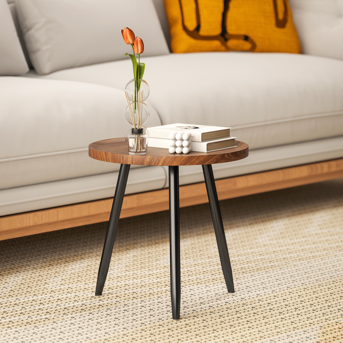 HOMCOM Modern End Side Table, Round Coffee Table, Chestnut Wood Effect