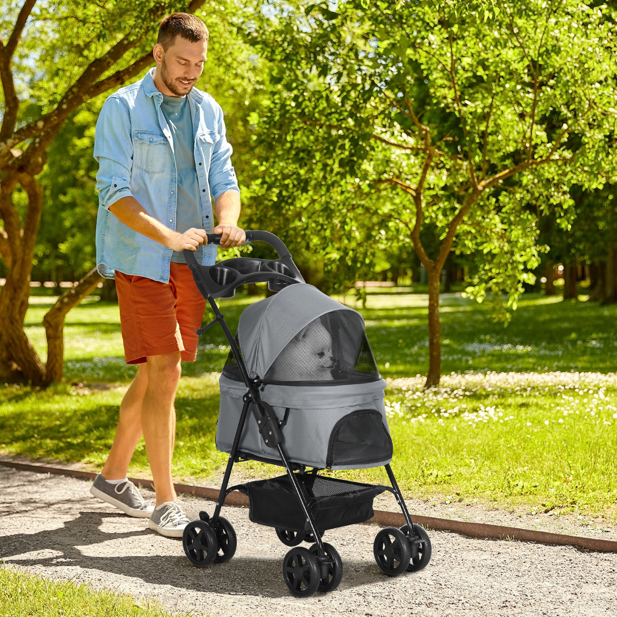 Pet Stroller No-Zip Foldable Travel Carriage with Brake Basket Adjustable Canopy