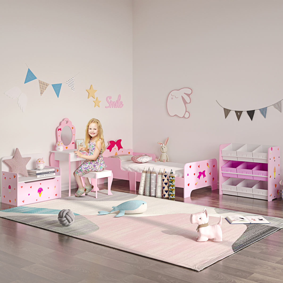 Two-In-One Wooden Toy Box, Kids Storage Bench w/ Safety Rod - Pink