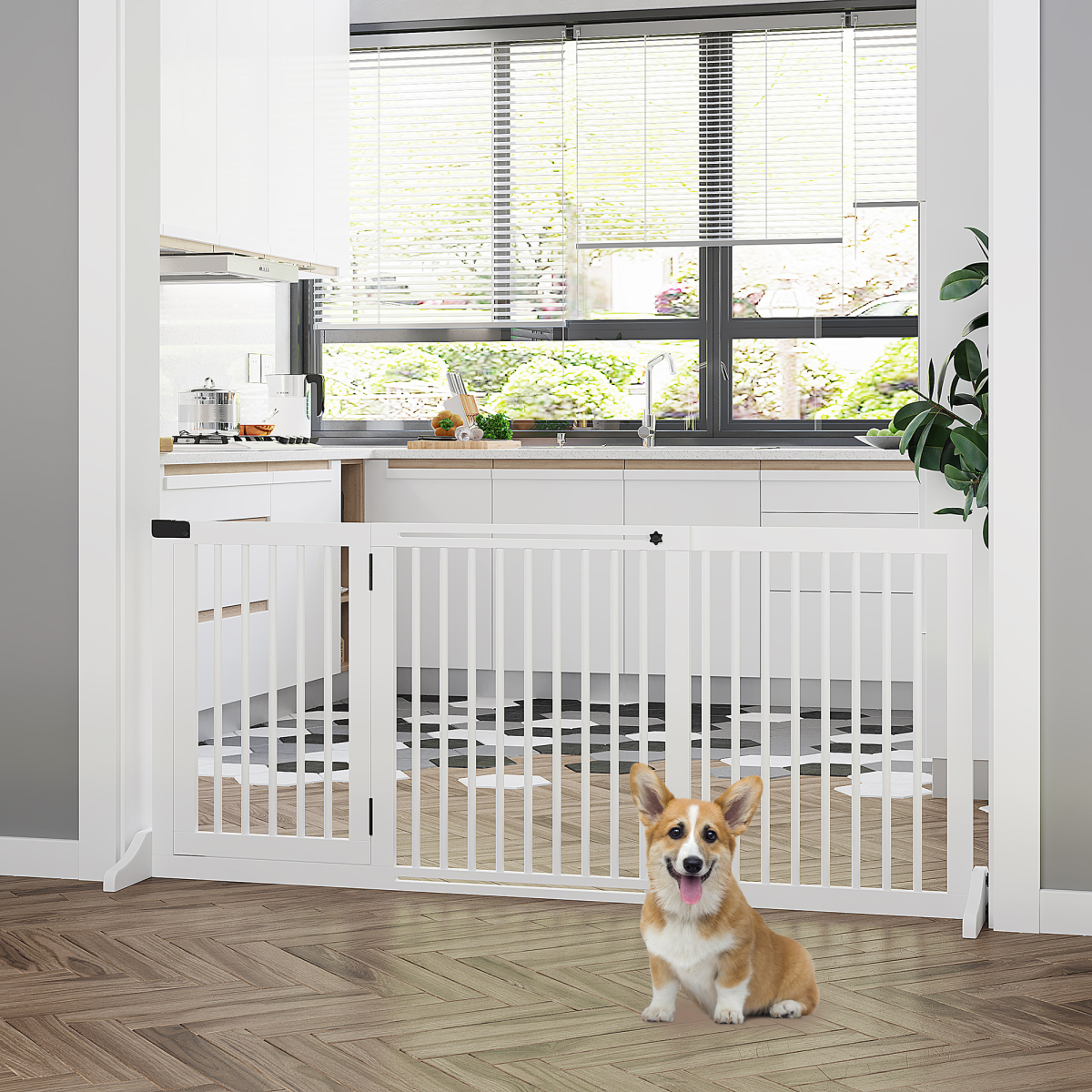 Freestanding Length Adjustable Wooden Pet Gate with Lockable Door 3 Panels White