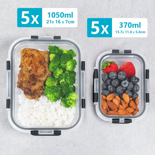Igluu Meal Prep Glass Food Storage Containers | 10 Pack | 1050ml & 370ml