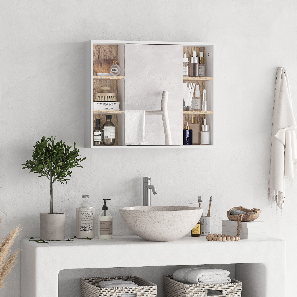 Wall Mounted Bathroom Storage Cabinet w/ Mirrored Door, Adjustable Shelf