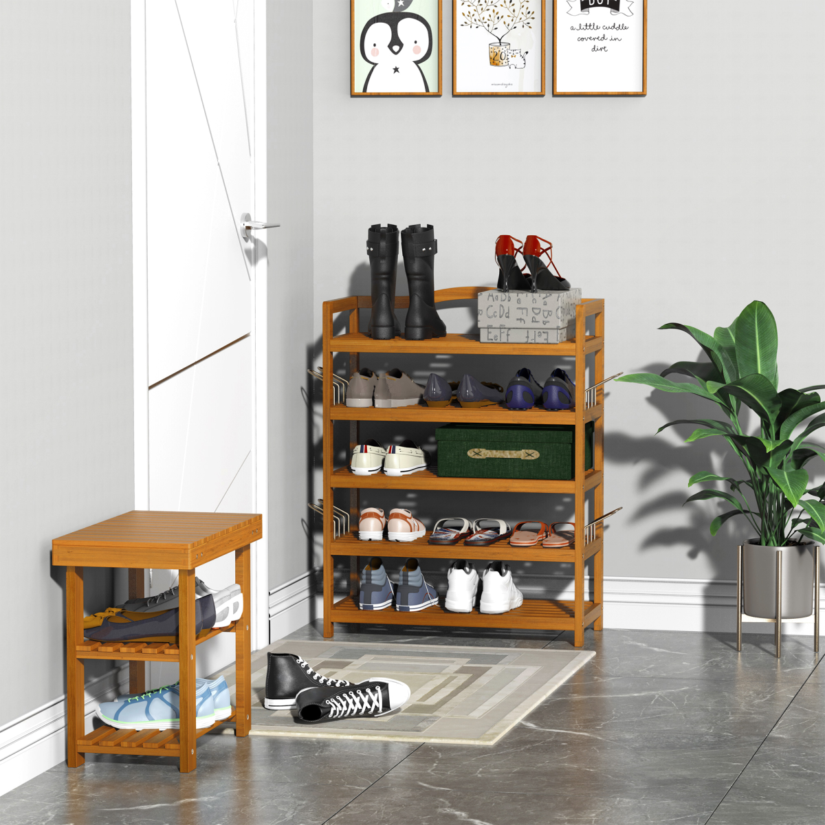 5-Tier Shoe Rack Acacia Wood Shoe Storage Shelf Teak