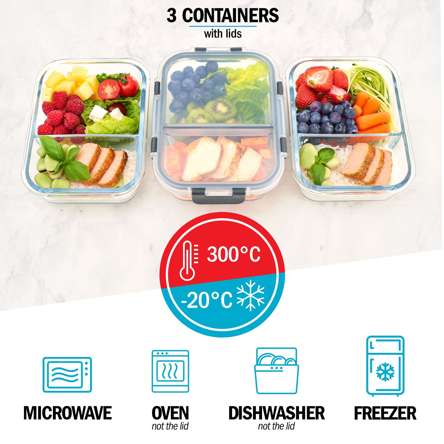 Igluu 2-Compartment Glass Meal Prep Containers | 980ml | Airtight & Oven Safe | 3 Pack