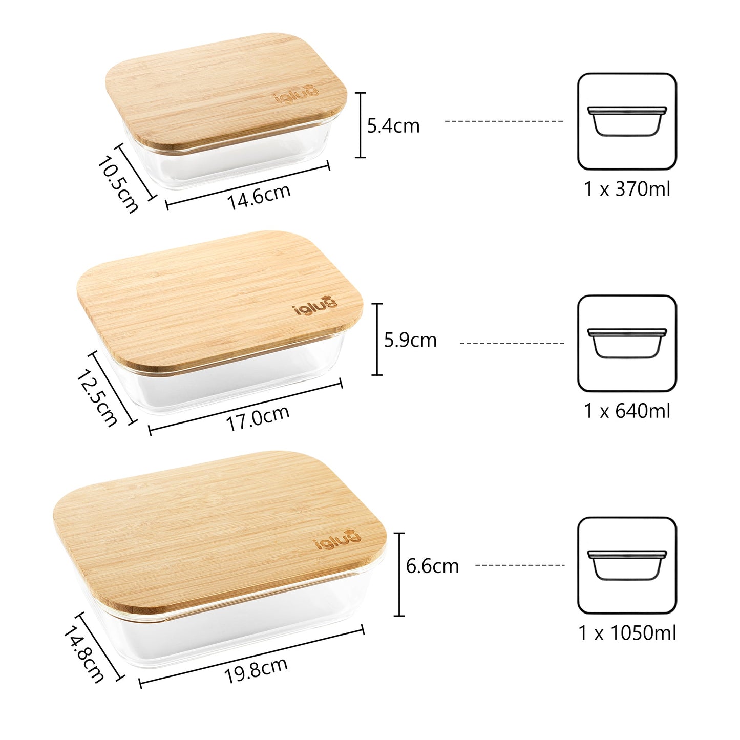 Borosilicate Glass Food Storage Containers with Airtight Bamboo Lids | 3-Pack (370ml, 640ml, 1050ml)