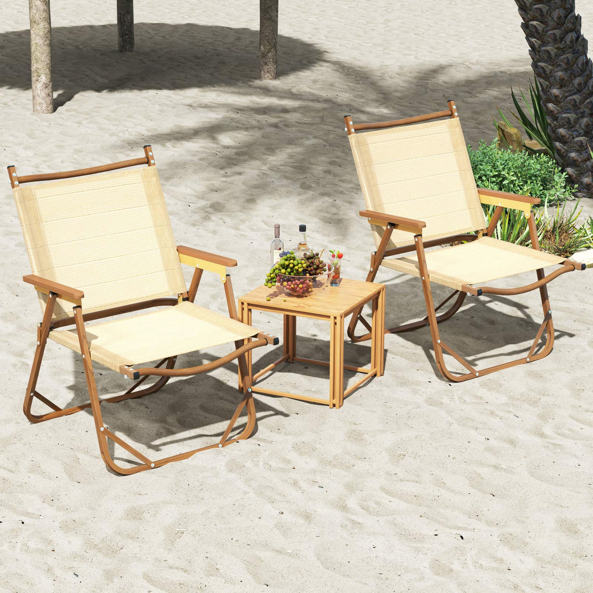 Set of 2 Folding Camp Chairs Lightweight with Aluminum Frame-Beige