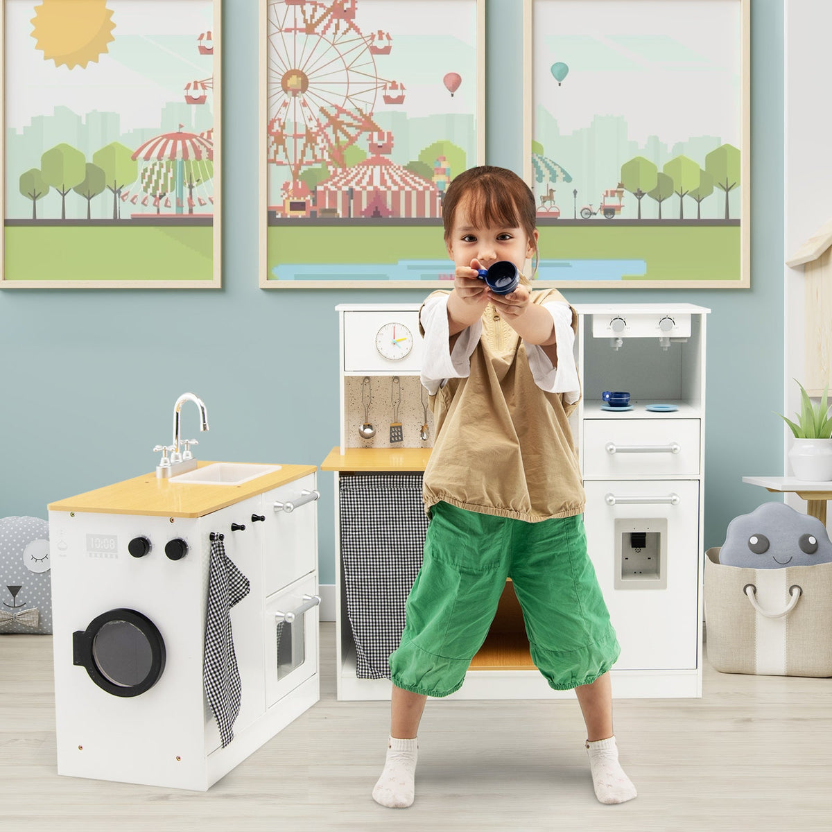 2 Pieces Kids Pretend Play Set with Stool and Real Sounds Light